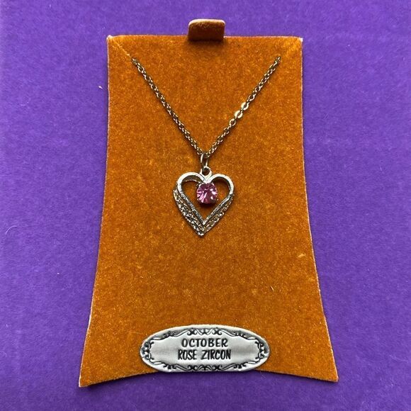 💛 Vintage Silver Heart Pink Tourmaline CZ October Birthstone Necklace - Picture 1 of 5